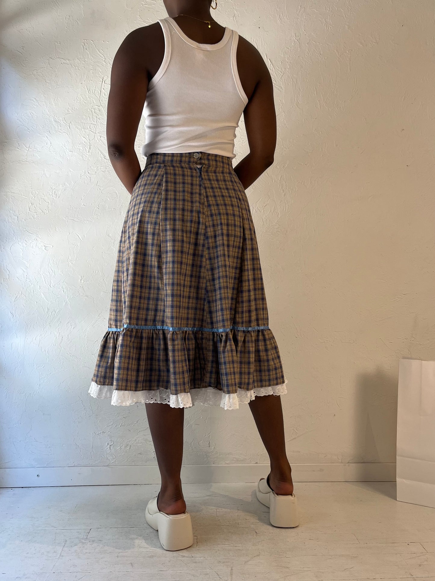 90s 'Stage West' Plaid Western Midi Skirt / Medium