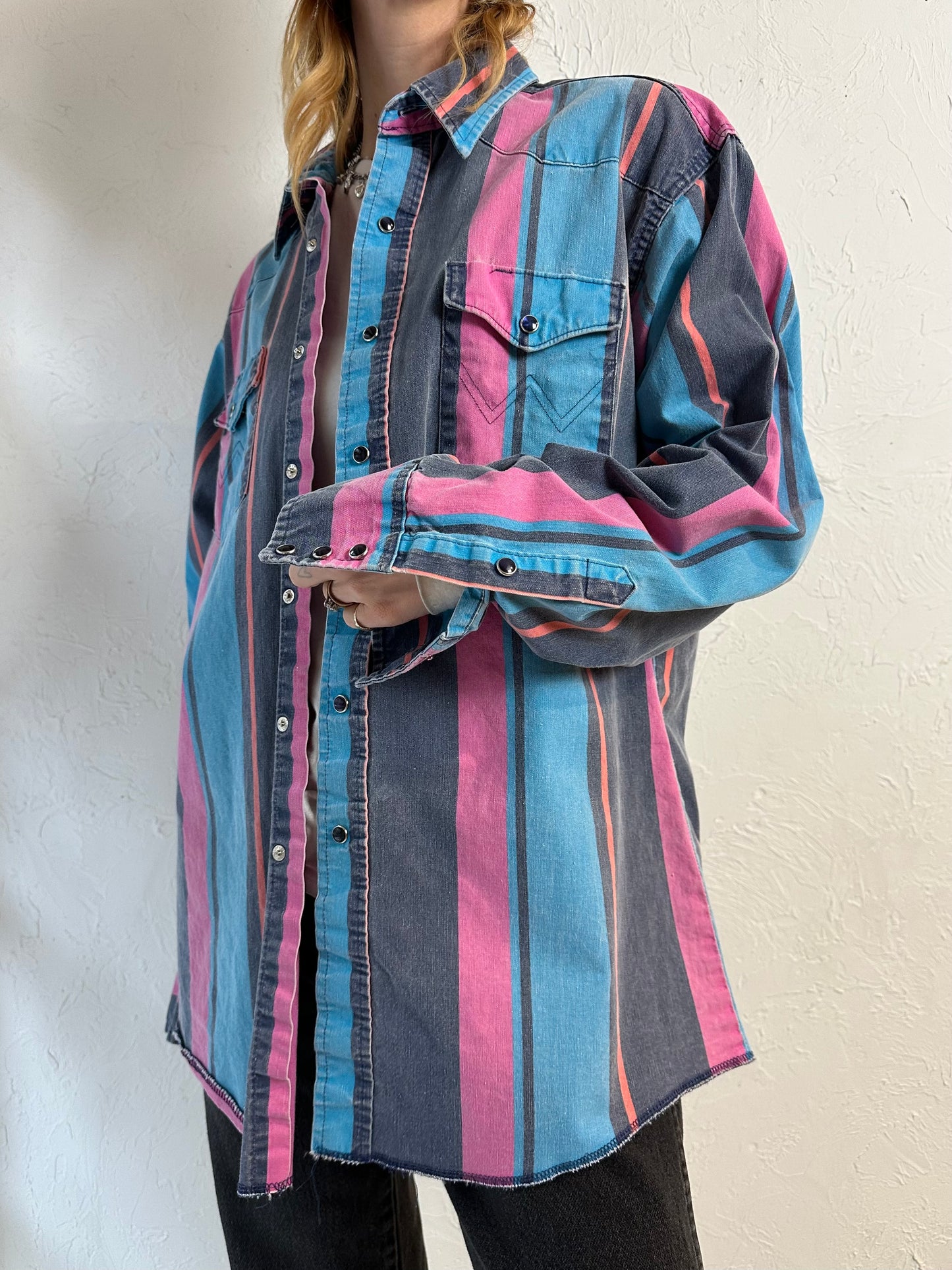 90s 'Wrangler' Striped Western Snap Up Shirt / Large
