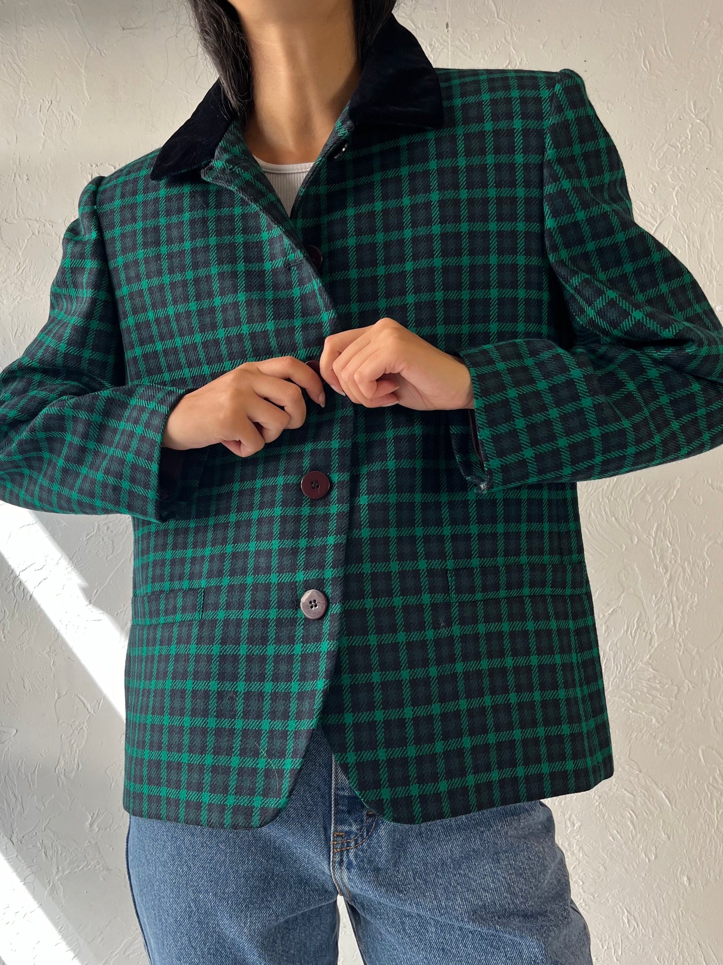 90s 'Jones New York' Green Wool Plaid Jacket / Large