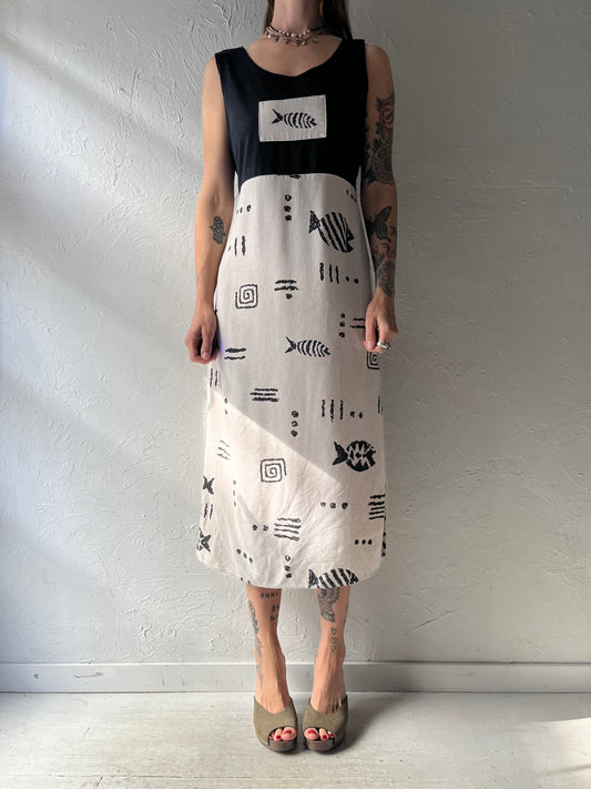 Vintage 90s Sleeveless Cotton Fish Dress / Small