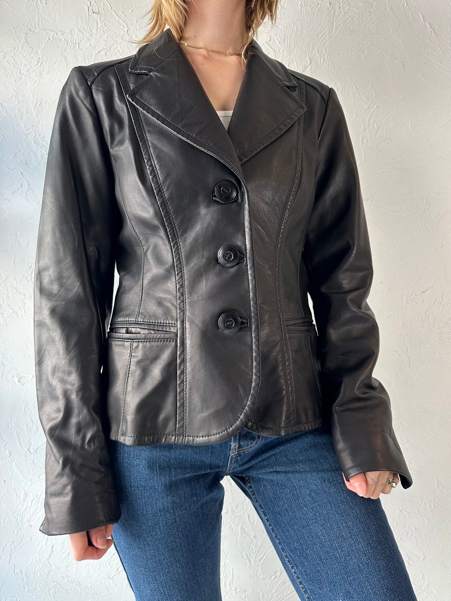 90s 'Danier' Black Leather Jacket / Large