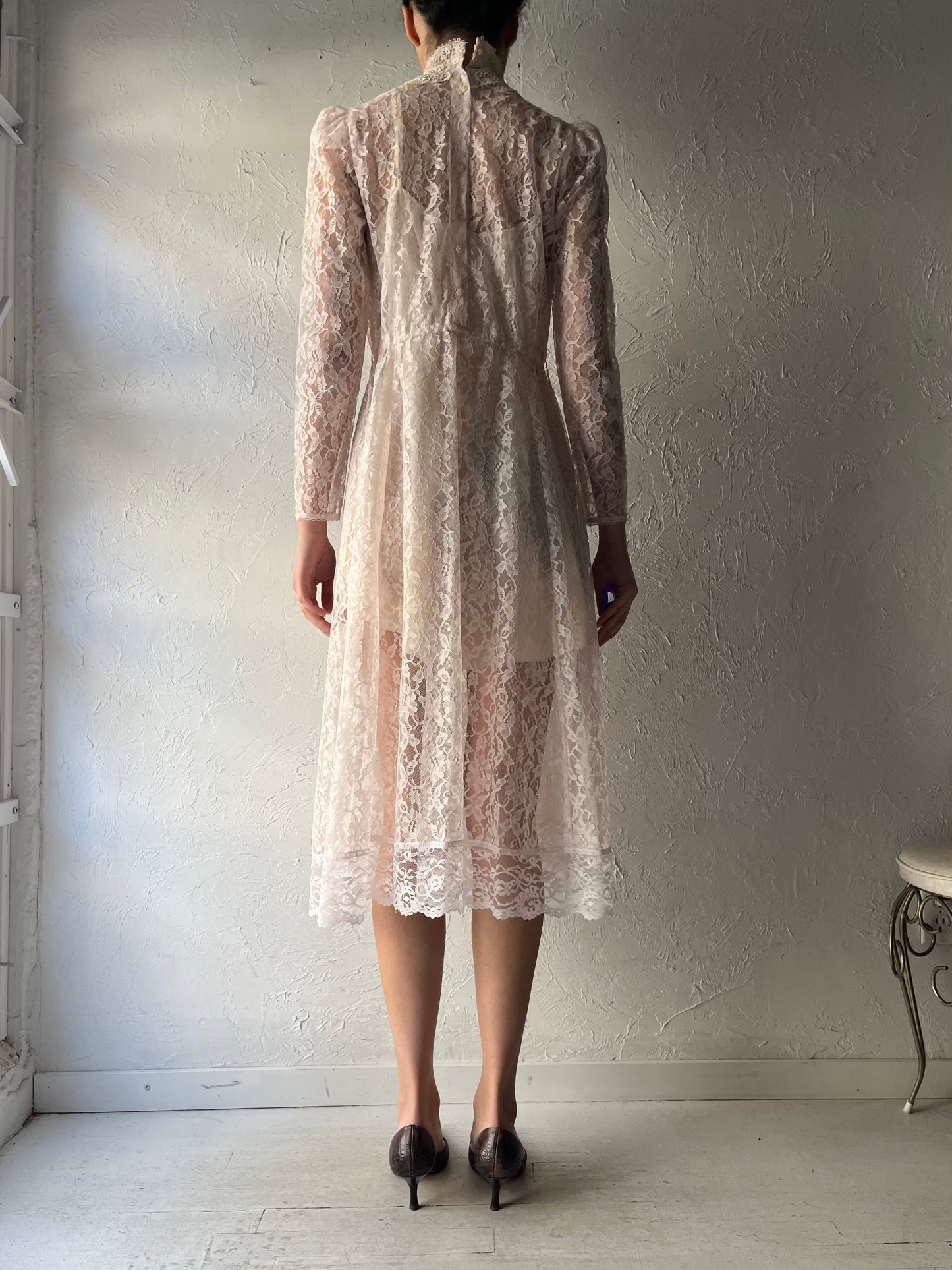 80s Vintage Long Sleeve Romantic Lace Midi Dress / Small