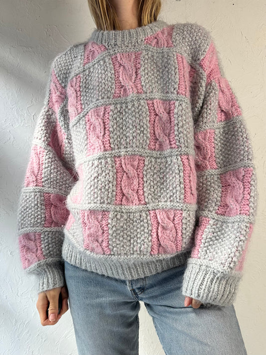 Vintage Pink and Grey Check Cable Knit Sweater / Medium