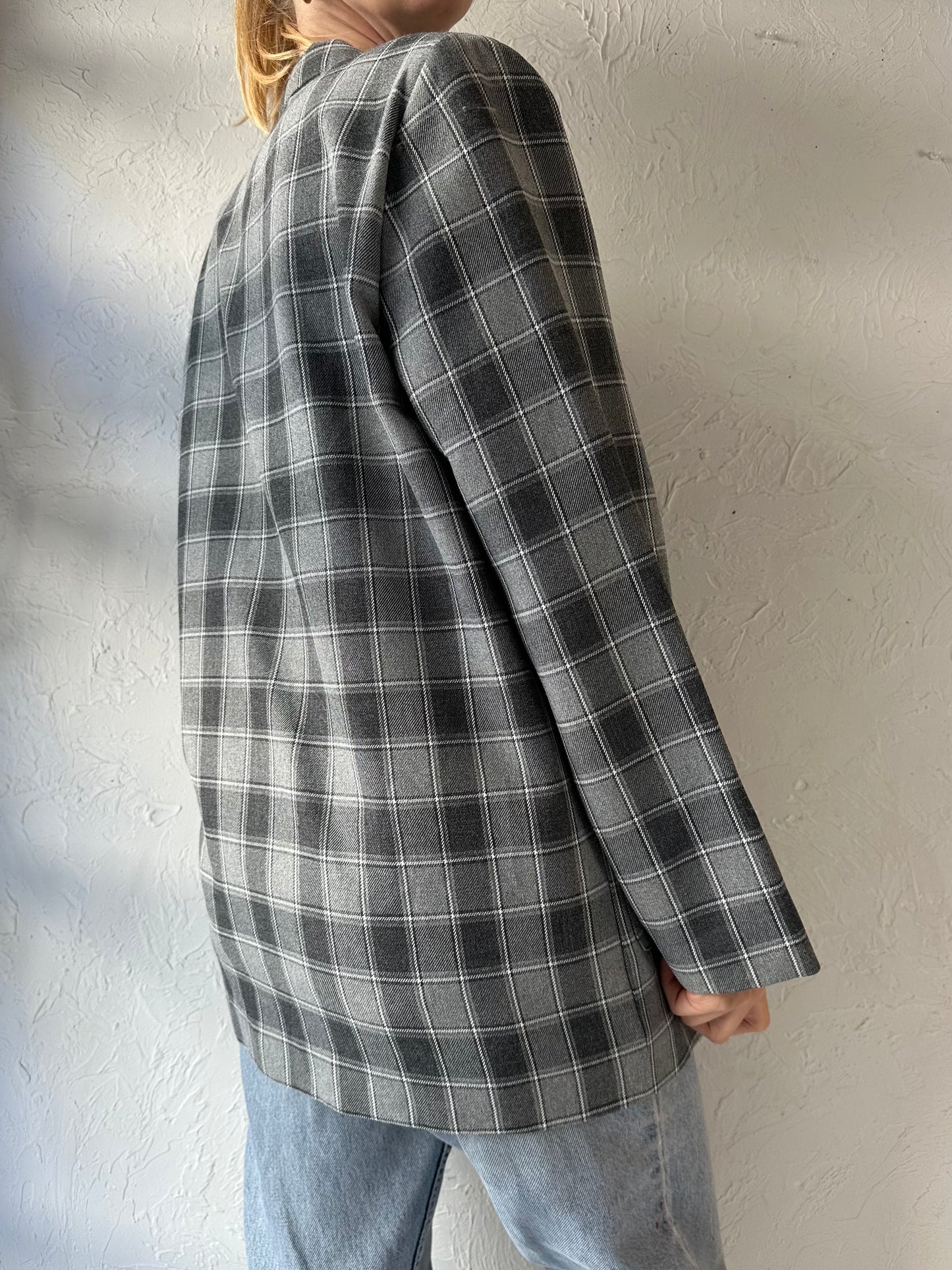 90s 'Lawrence' Gray Plaid Blazer Jacket / Large