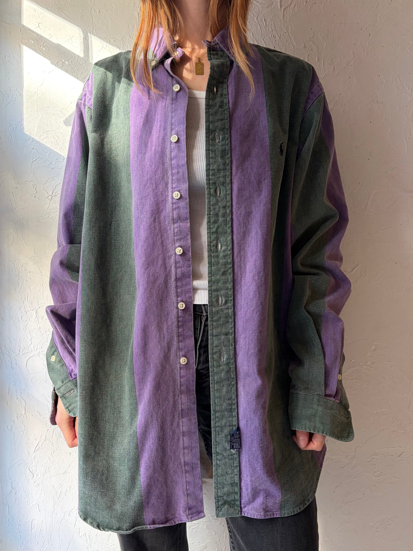 90s 'Ralph Lauren' Striped Button Up Shirt / Large