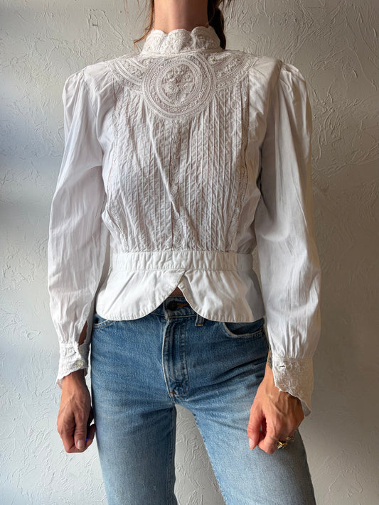 90s White Cotton High Neck Long Sleeve Top / Small