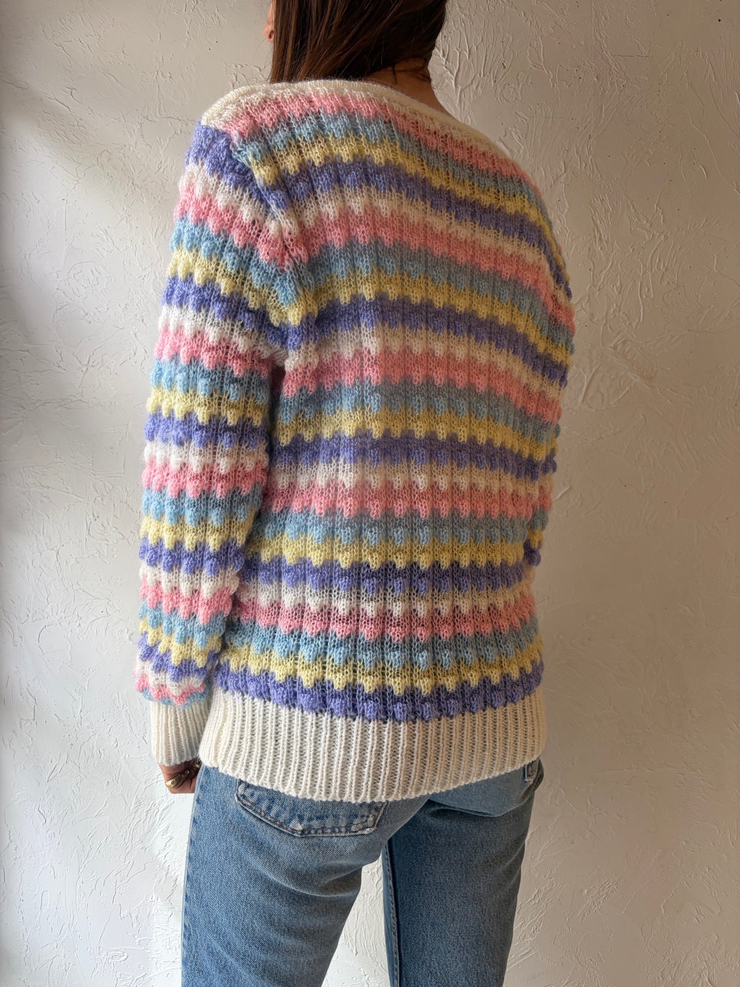 80s 'Liz Moody' Pastel Rainbow Striped Acrylic Knit Sweater / Medium