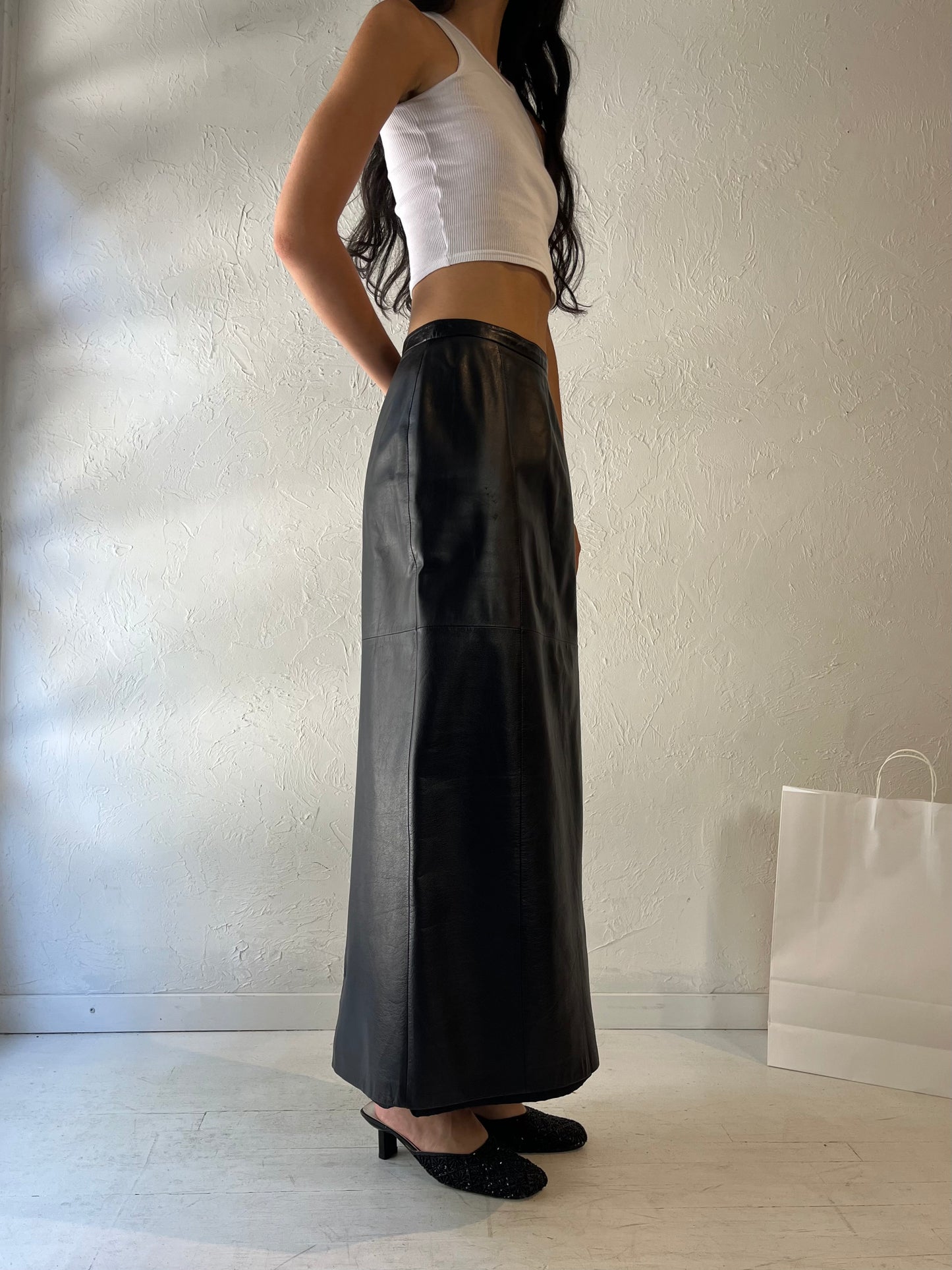 90s 'Danier' Long Black Leather Pencil Skirt / Small - Medium