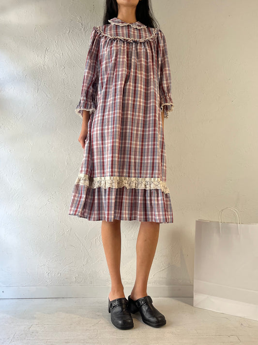 Vintage Handmade Plaid Peasant Dress / Medium