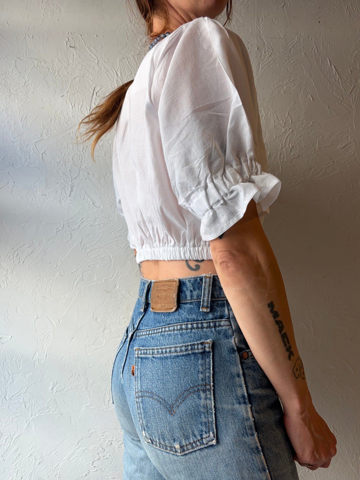 Vintage White Peasant Style Cotton Crop Top / Medium