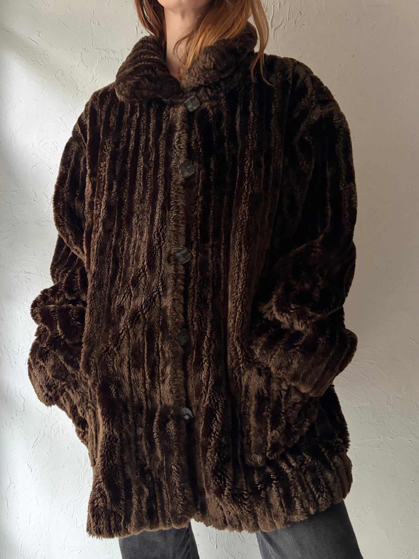 Y2k 'White Stag' Brown Faux Fur Jacket / XXL