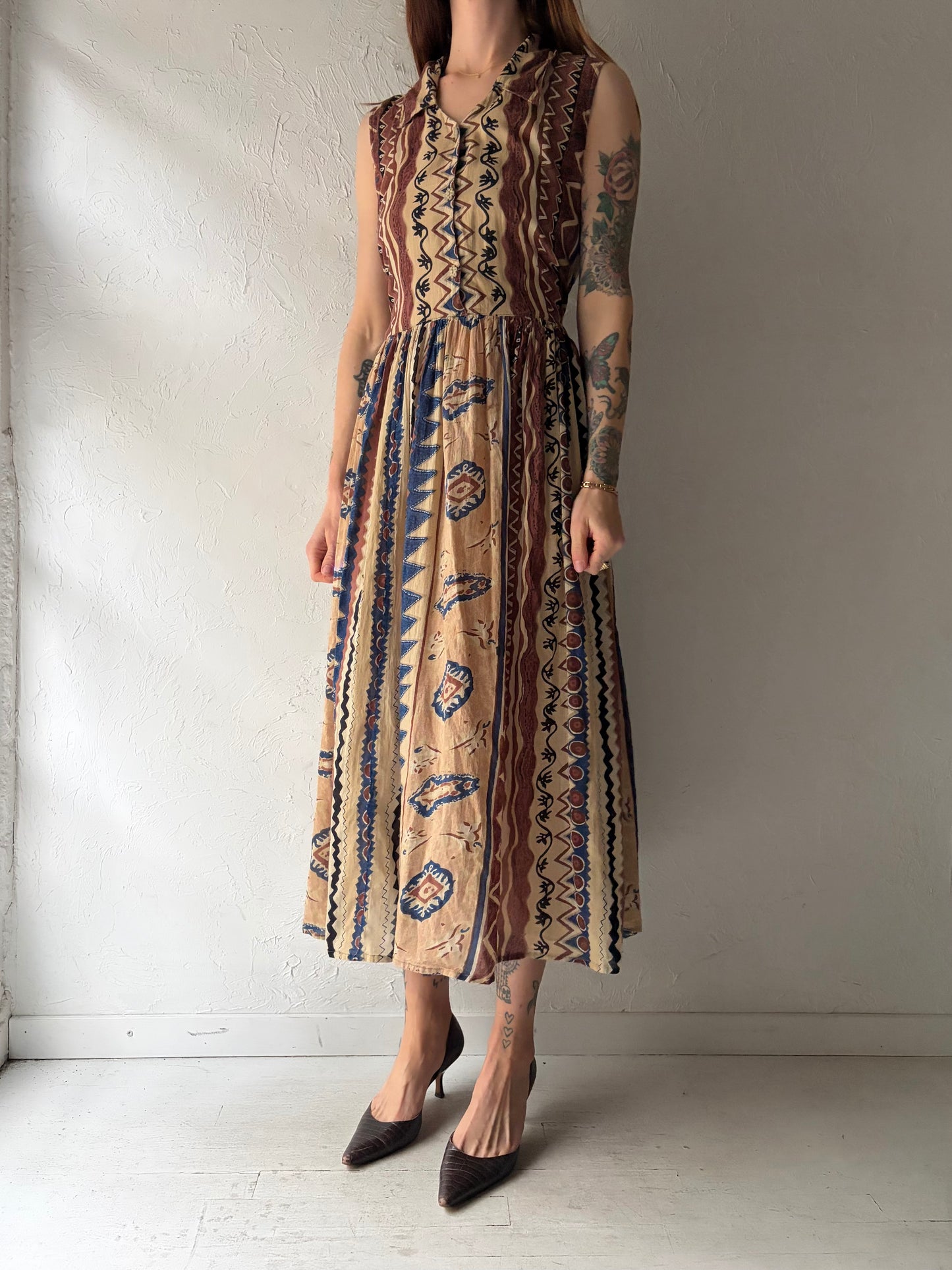 90s 'LGS' Brown Patterned Collared Cotton Spring Dress / Medium
