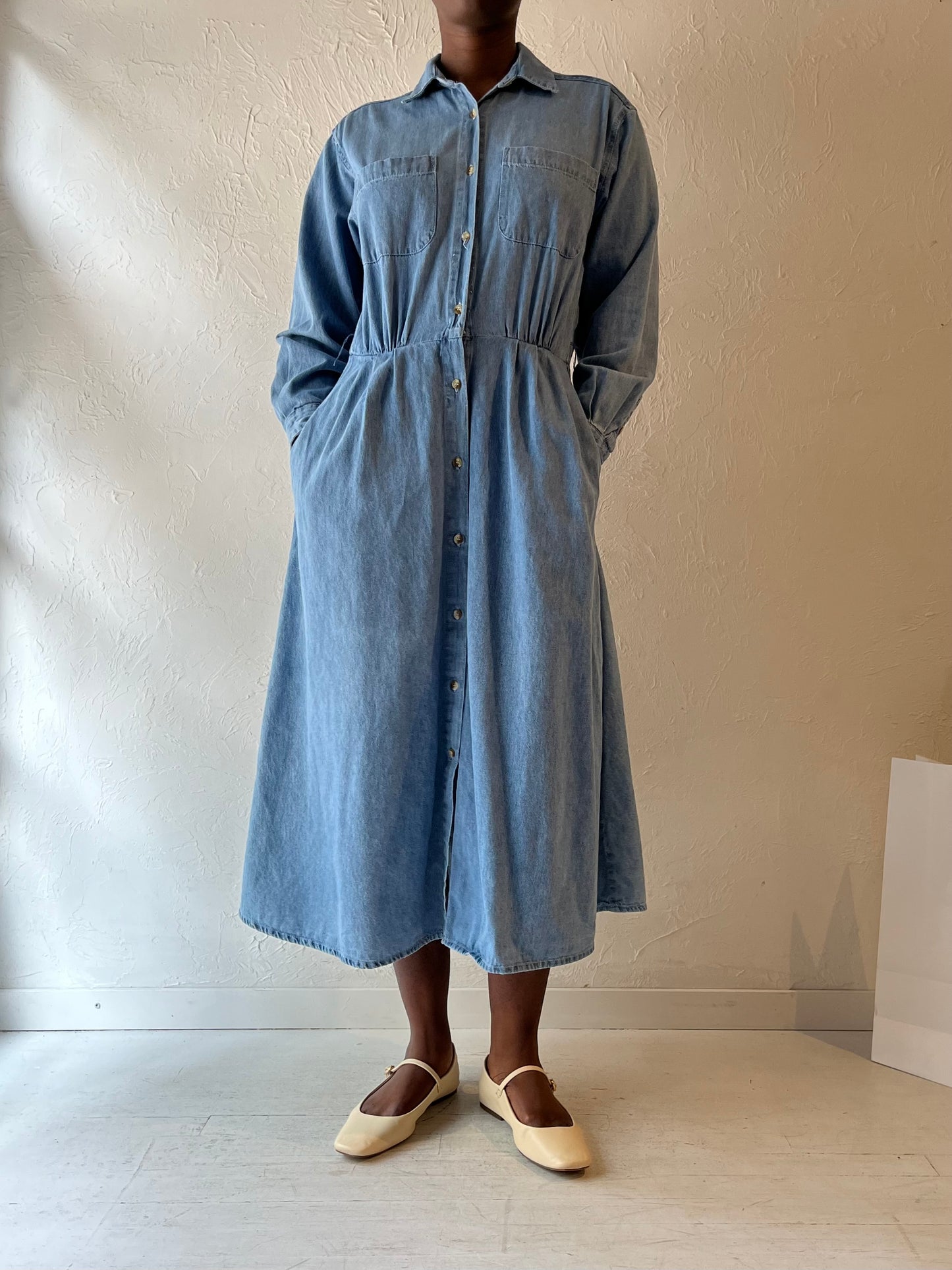 90s 'Daniel Caron' Long Sleeve Denim Dress / Medium