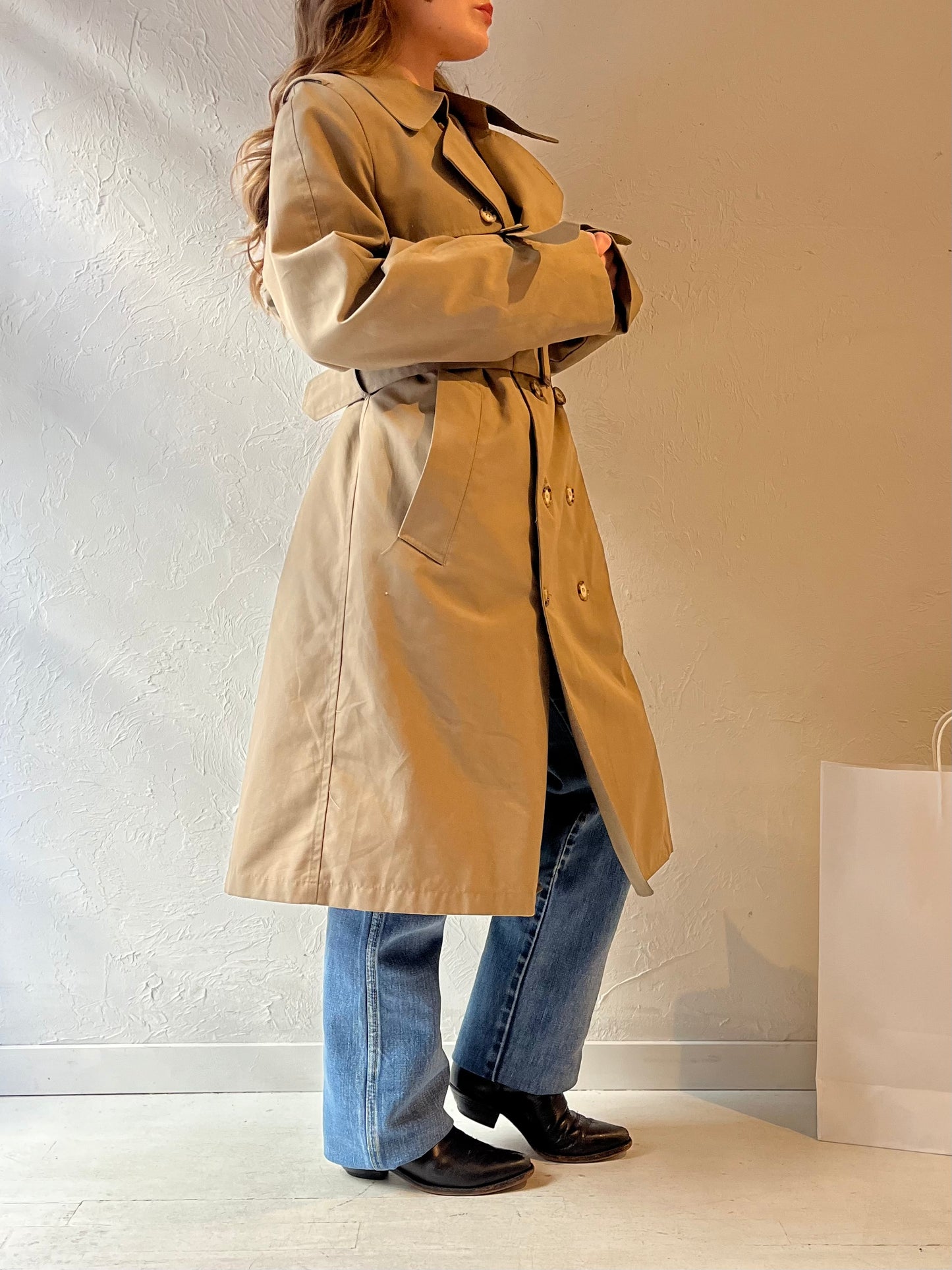 90s 'Clipper Mist London Town' Beige Faux Fur Lined Trench Coat / Medium