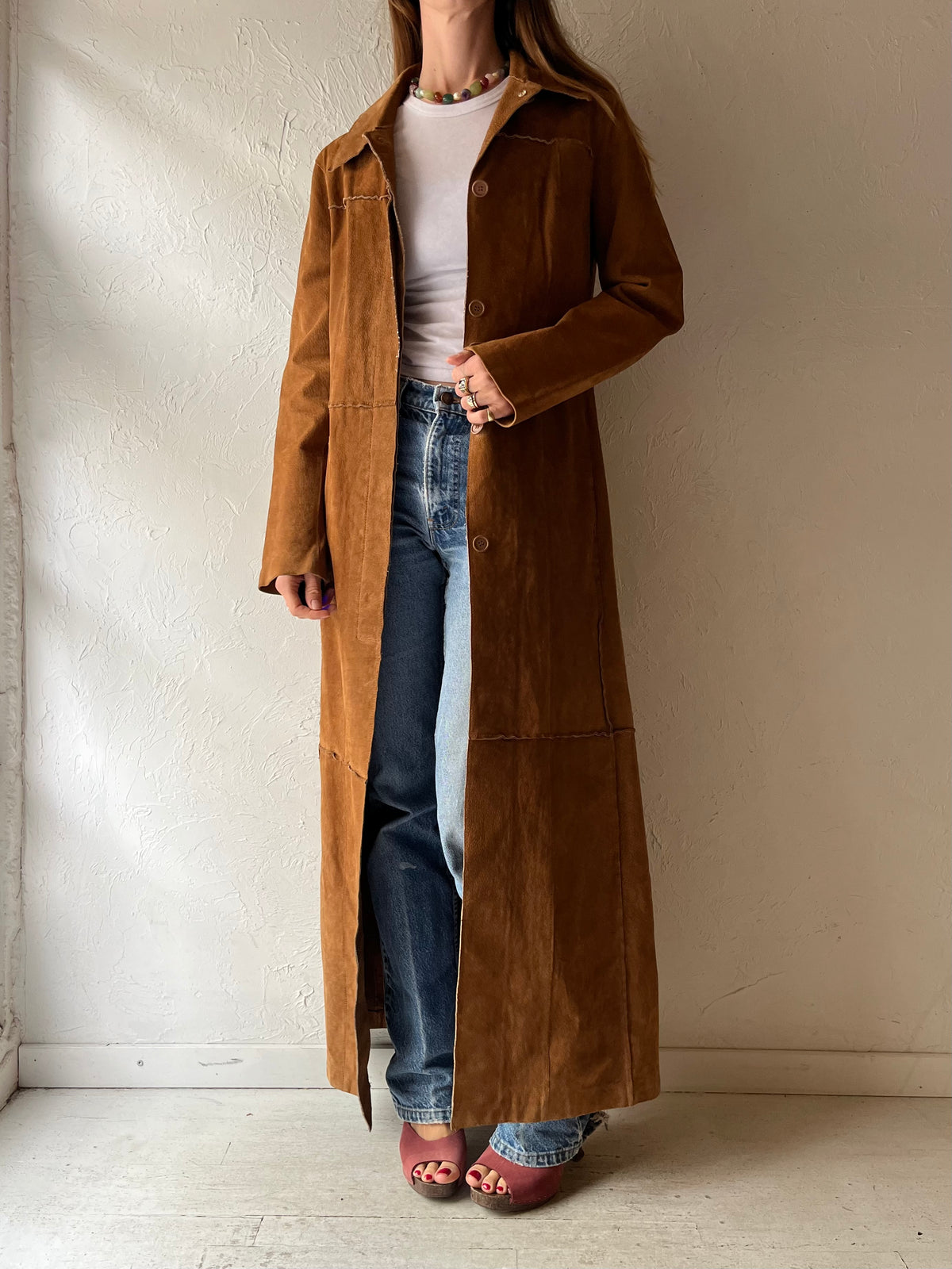 90s 'Le Château' Tan Suede Leather Maxi Trench Coat / Longline Minimalist Duster Jacket / Medium