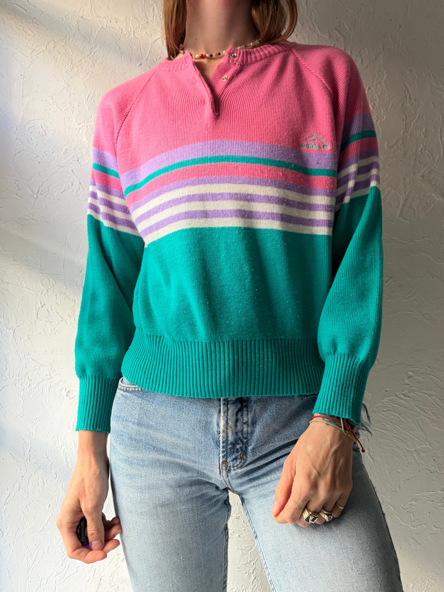 90s 'Jordache' Pink Stripped Retro Preppy Acrylic Sweater / Small