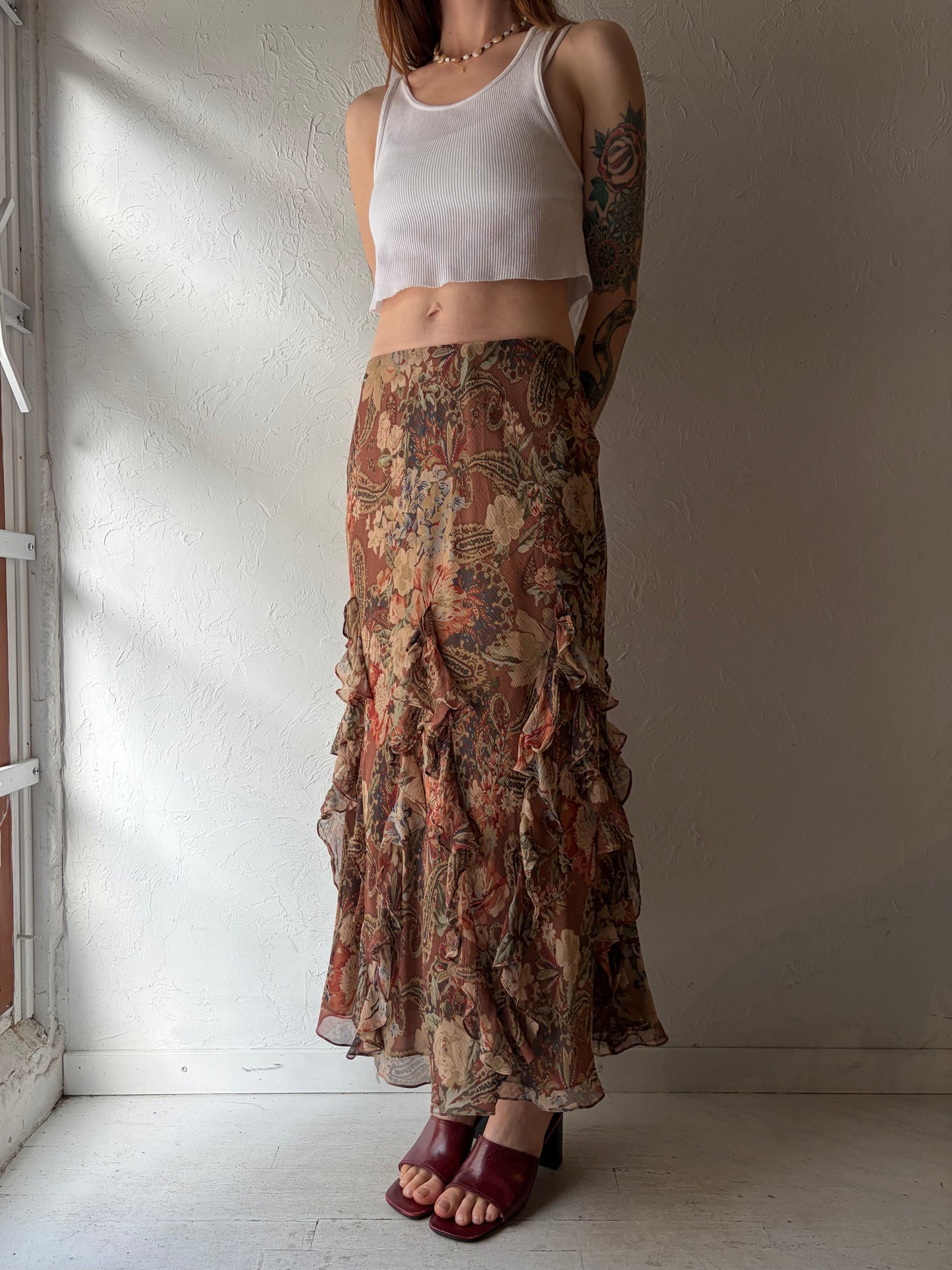 Vintage 'Ralph Lauren' Floral Silk Maxi Skirt / Small
