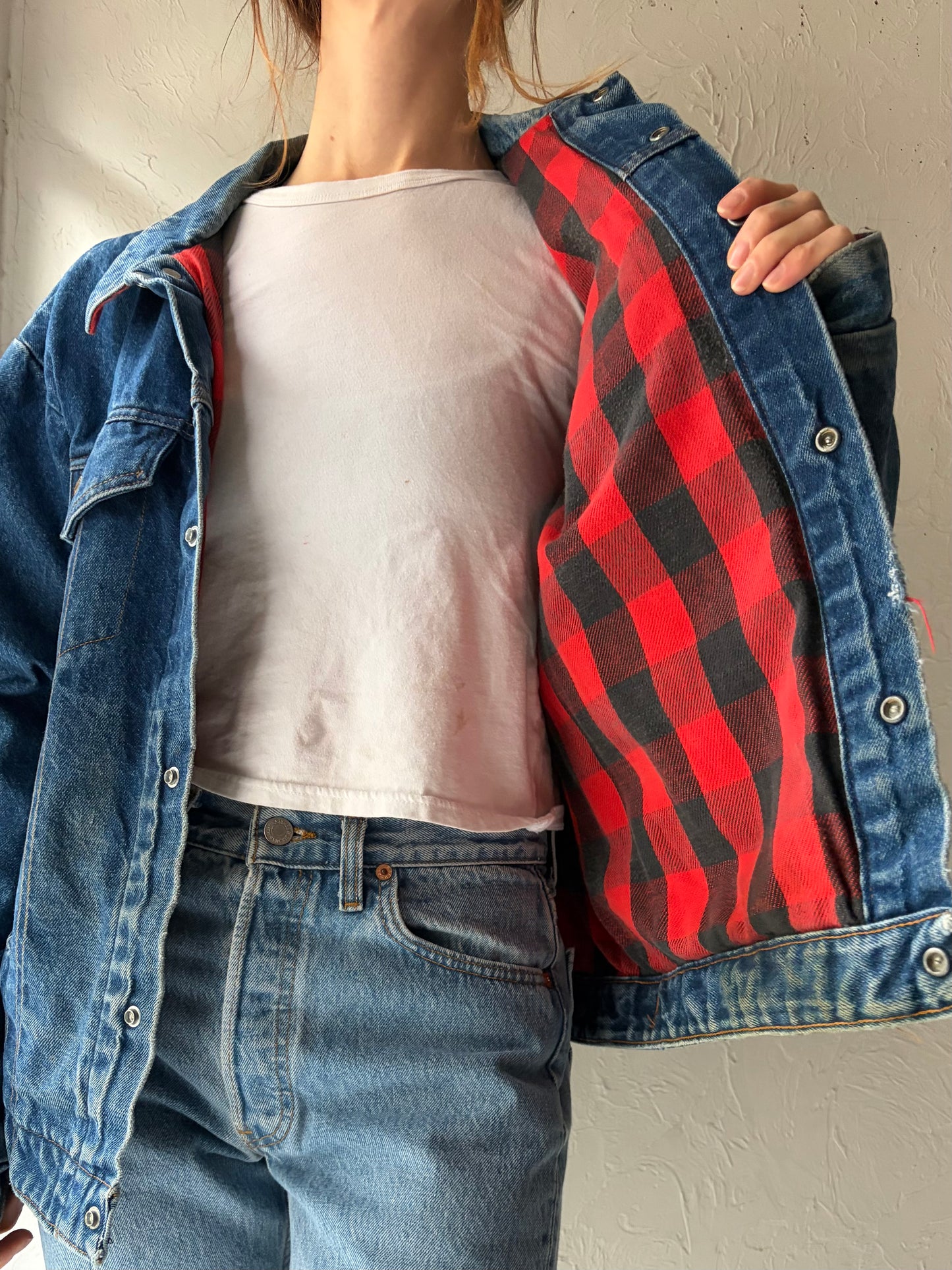 80s ‘Key’ Red Plaid Cotton Lined Denim Jacket / Medium