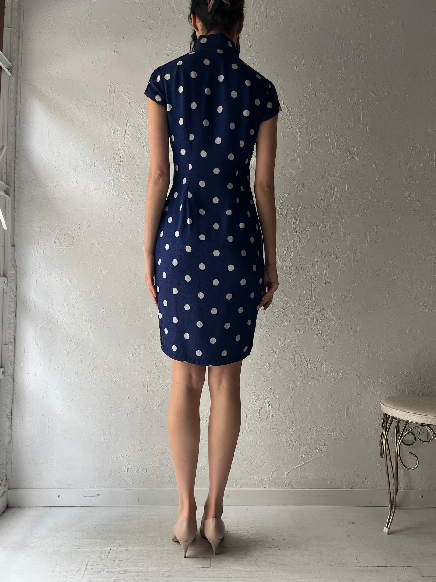 60s Blue Polka Dot Retro Pinup Rockabilly Summer Dress / Small