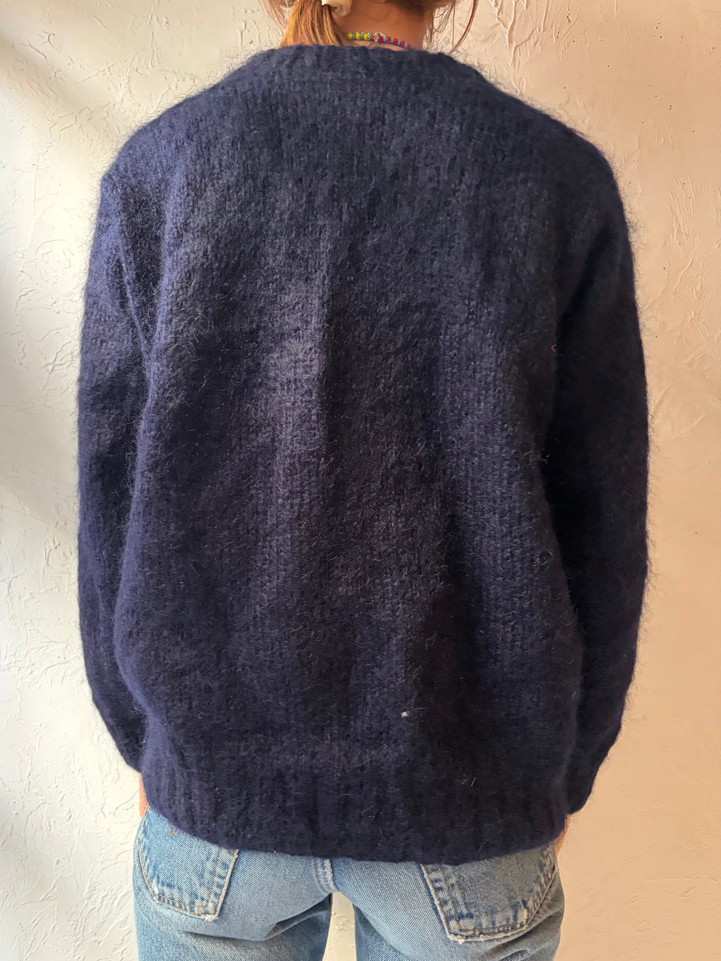 90s Handknit Patterned Mohair Crew Neck Sweater / Small