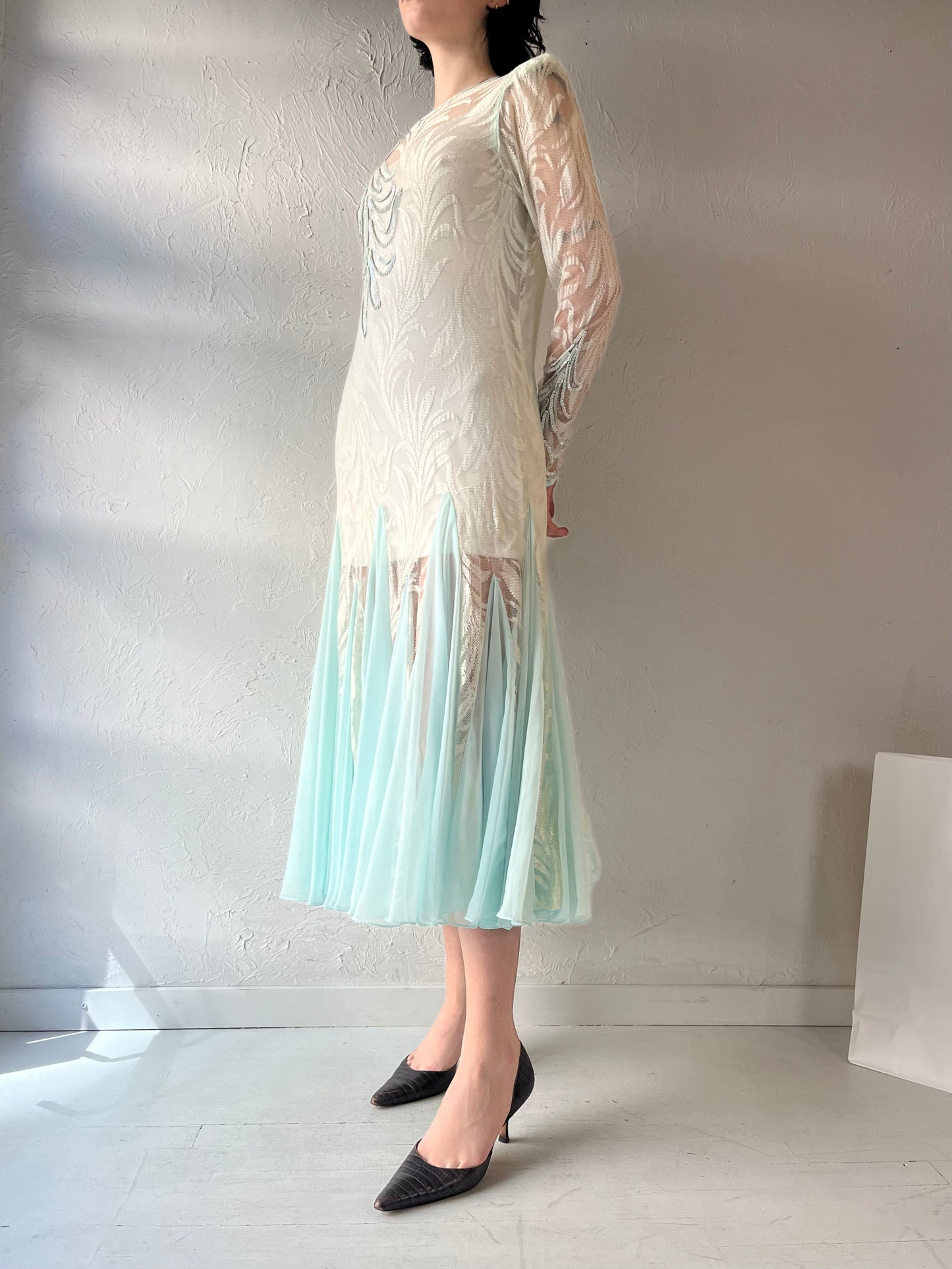 Vintage Baby Blue Mesh Sequin Dress / Medium