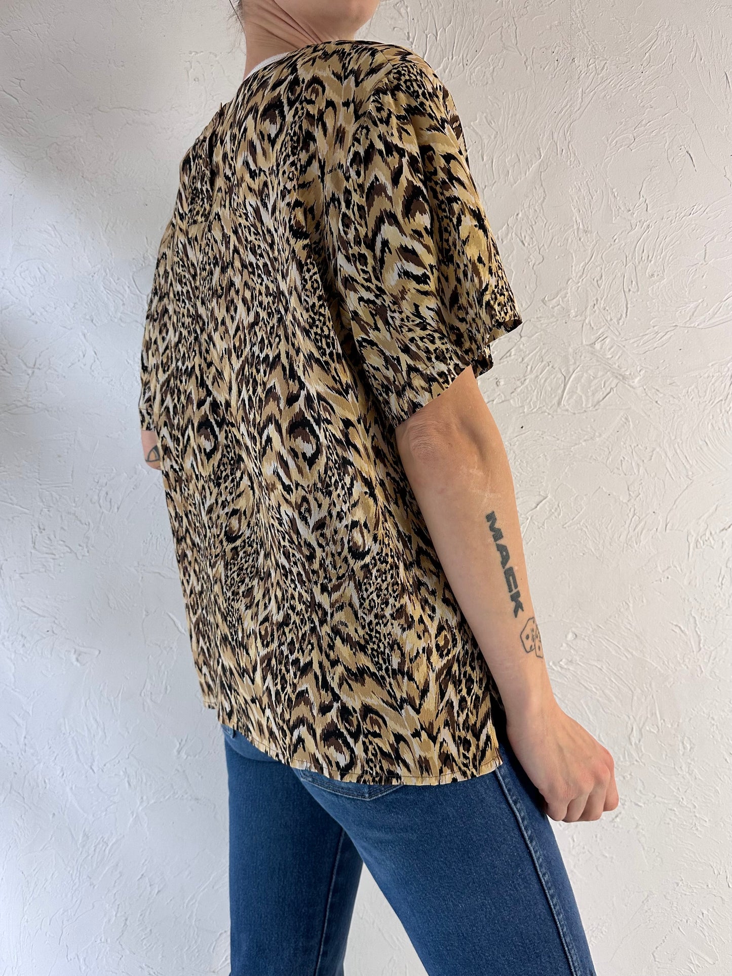 90s 'GB Studio' Leopard Print Silk Top / Large