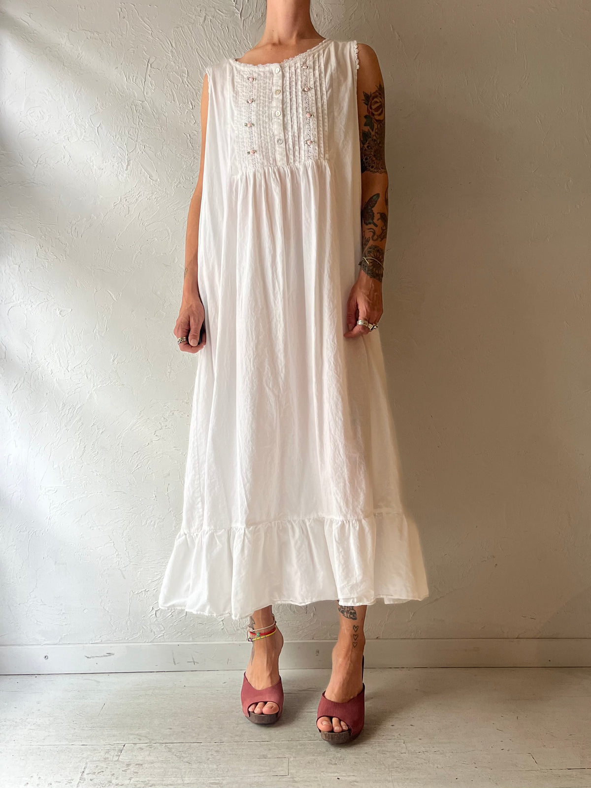 90s 'La Lingerie' White Cotton Nightgown Cottagecore Prairie Romantic Maxi Nighty Dress / Large