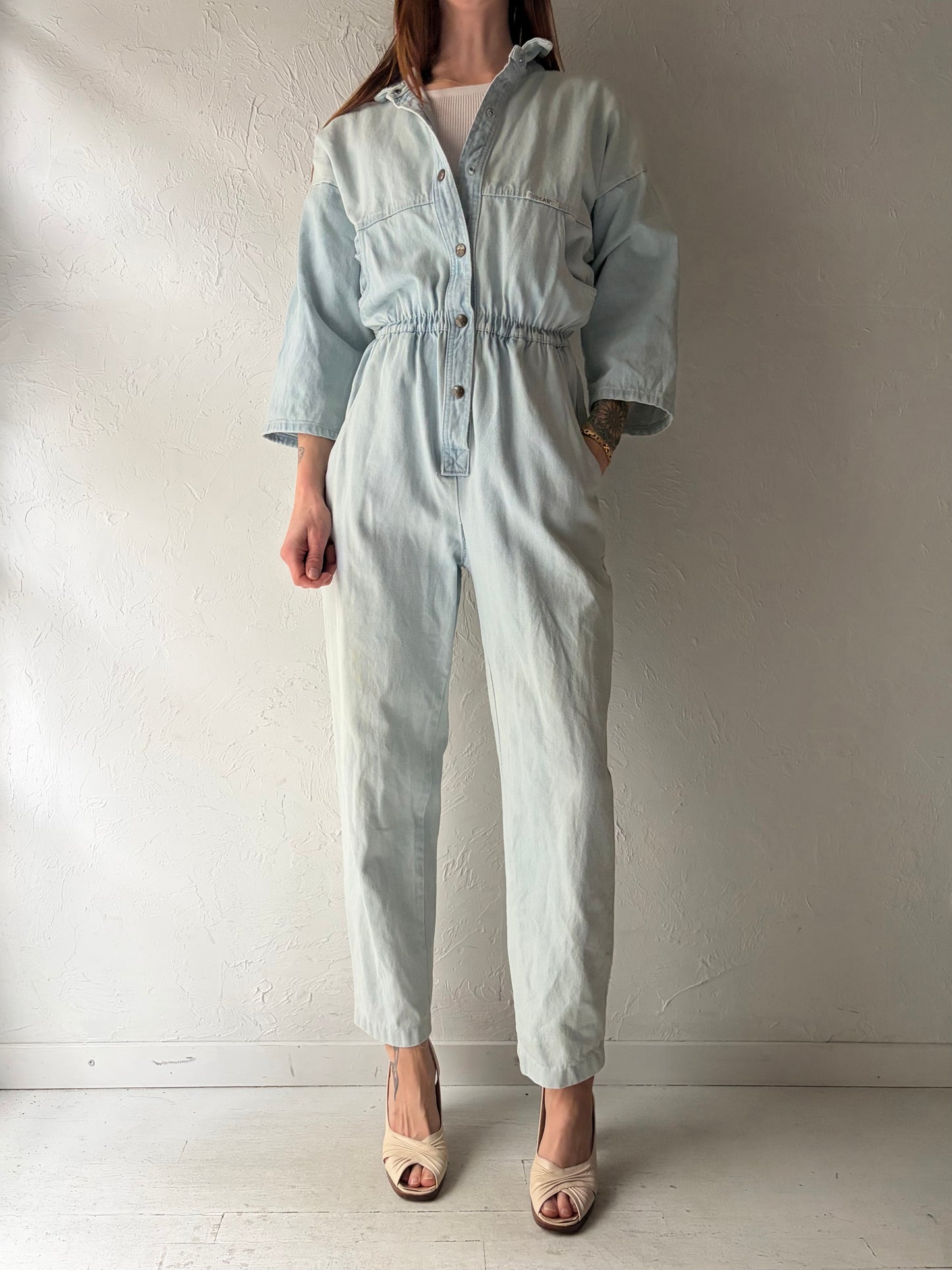 80s 'Ideas' Light Denim Retro Jumpsuit / Vintage 1980s Streetwear Jean One Piece / Small