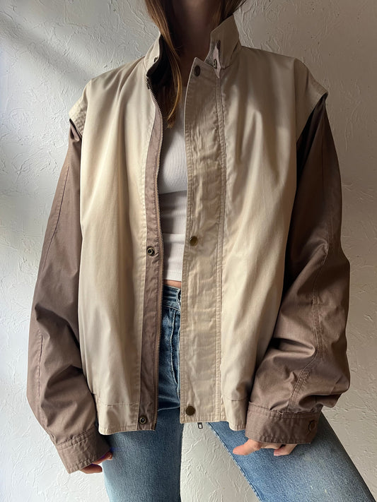90s 'Oscar de la Renta' Beige Brown Color Block Minimalist Lightweight Windbreaker Jacket / Large
