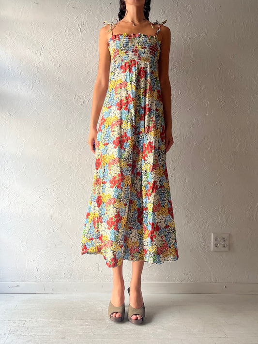 70s Floral Patterned Smocked Elastic Maxi Dress / Small