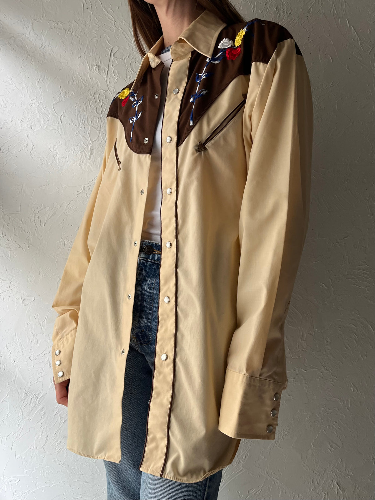 70s 'Barb' Tan Embroidered Western Cowboy Pearl Snap Up Shirt / XL