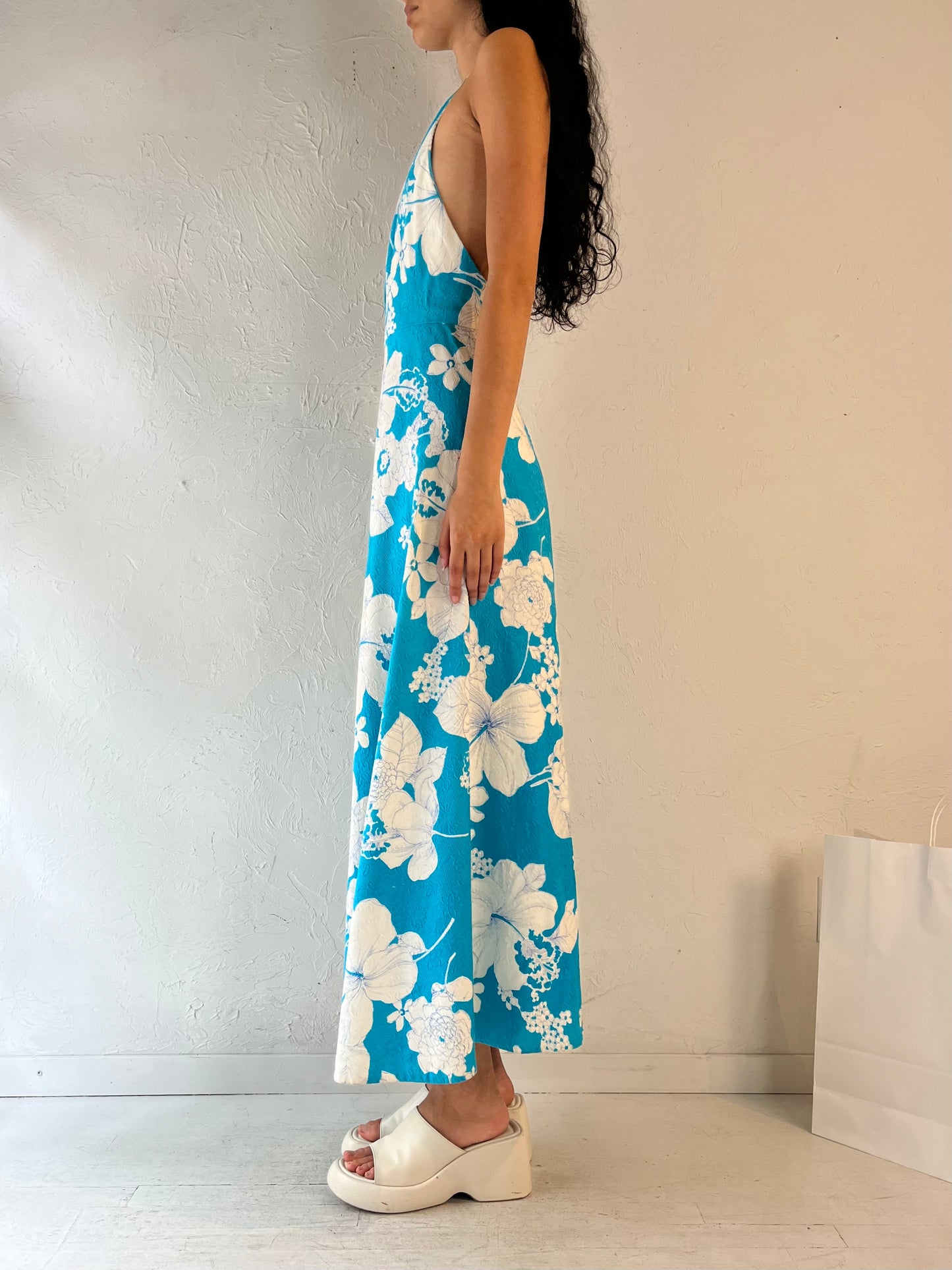 70s Handmade Blue Floral Halter Dress / Small