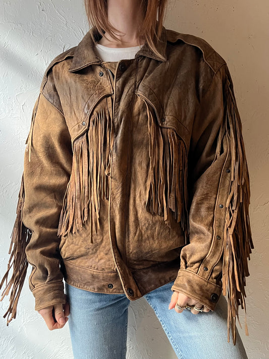 80s ‘Mirage’ Brown Fringe Leather Bomber Jacket / Medium