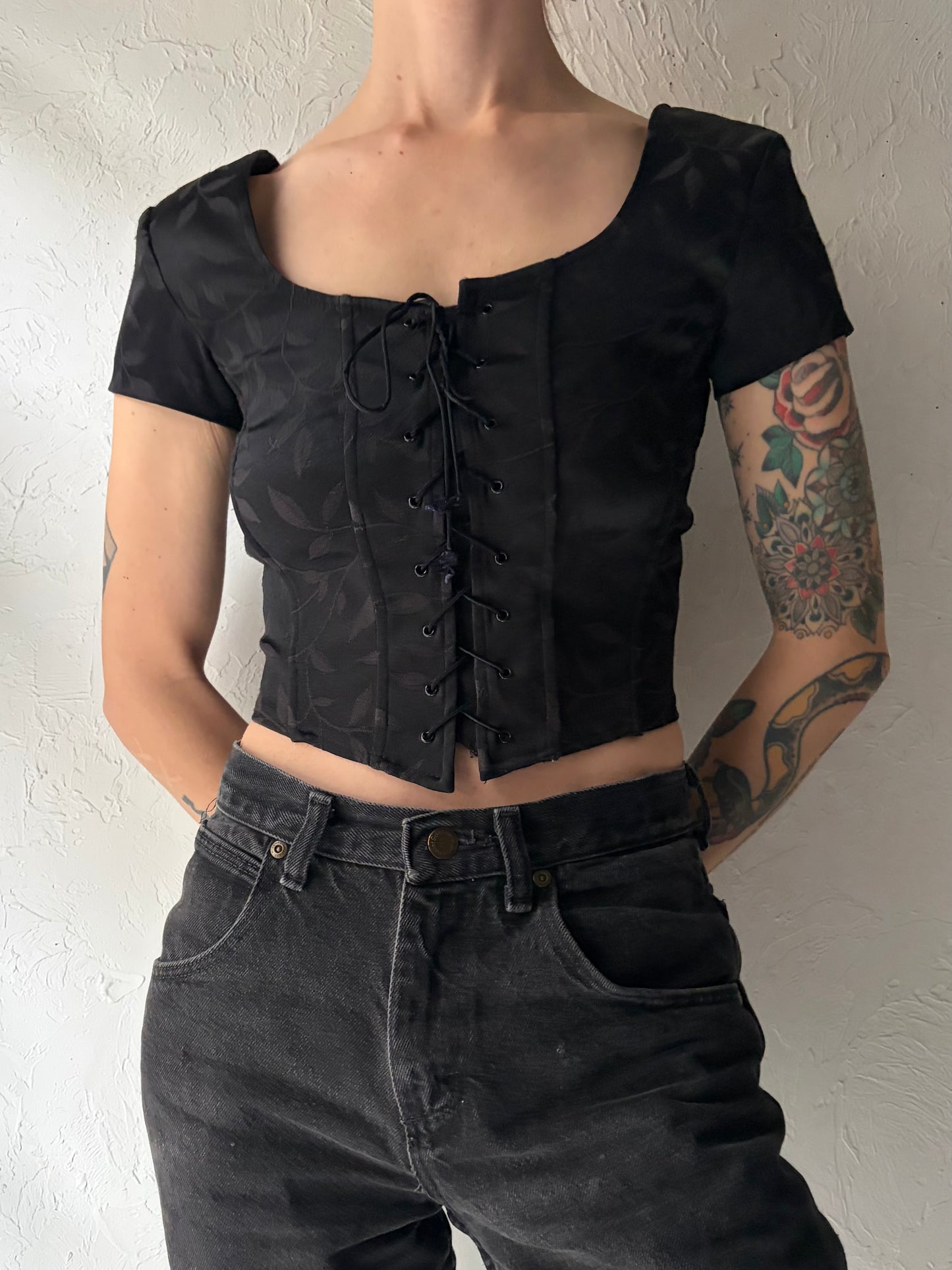 90s ‘Le Chateau’ Black Lace Up Brocade Top / Medium