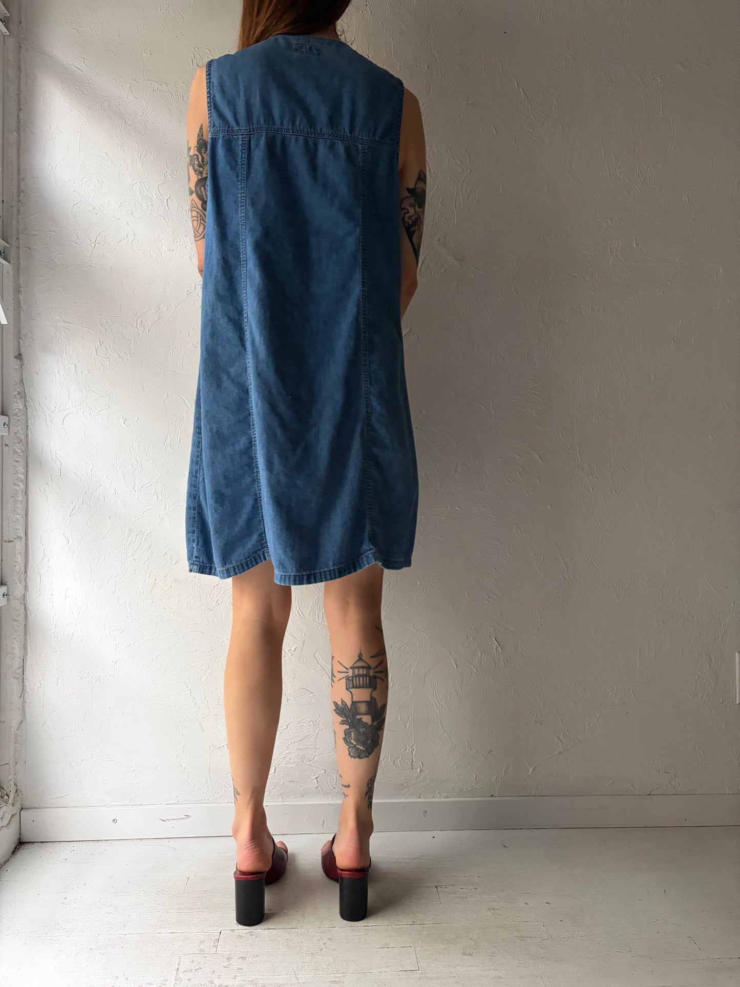 90s' Dixie Blue' Denim Western Button Up Mini Dress / Vintage Cowboy Summer dress / Large