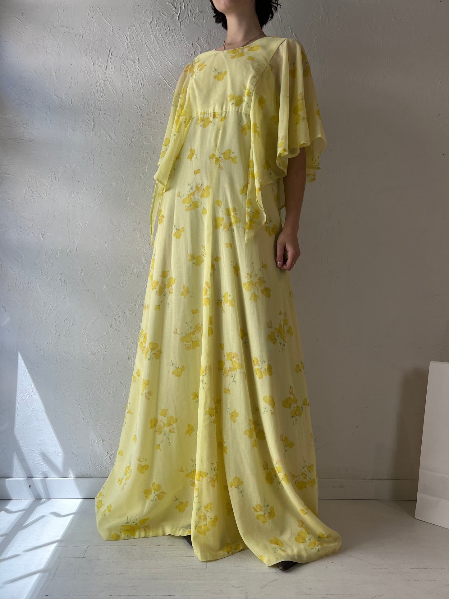 Vintage Handmade Yellow Floral Maxi Dress / Medium