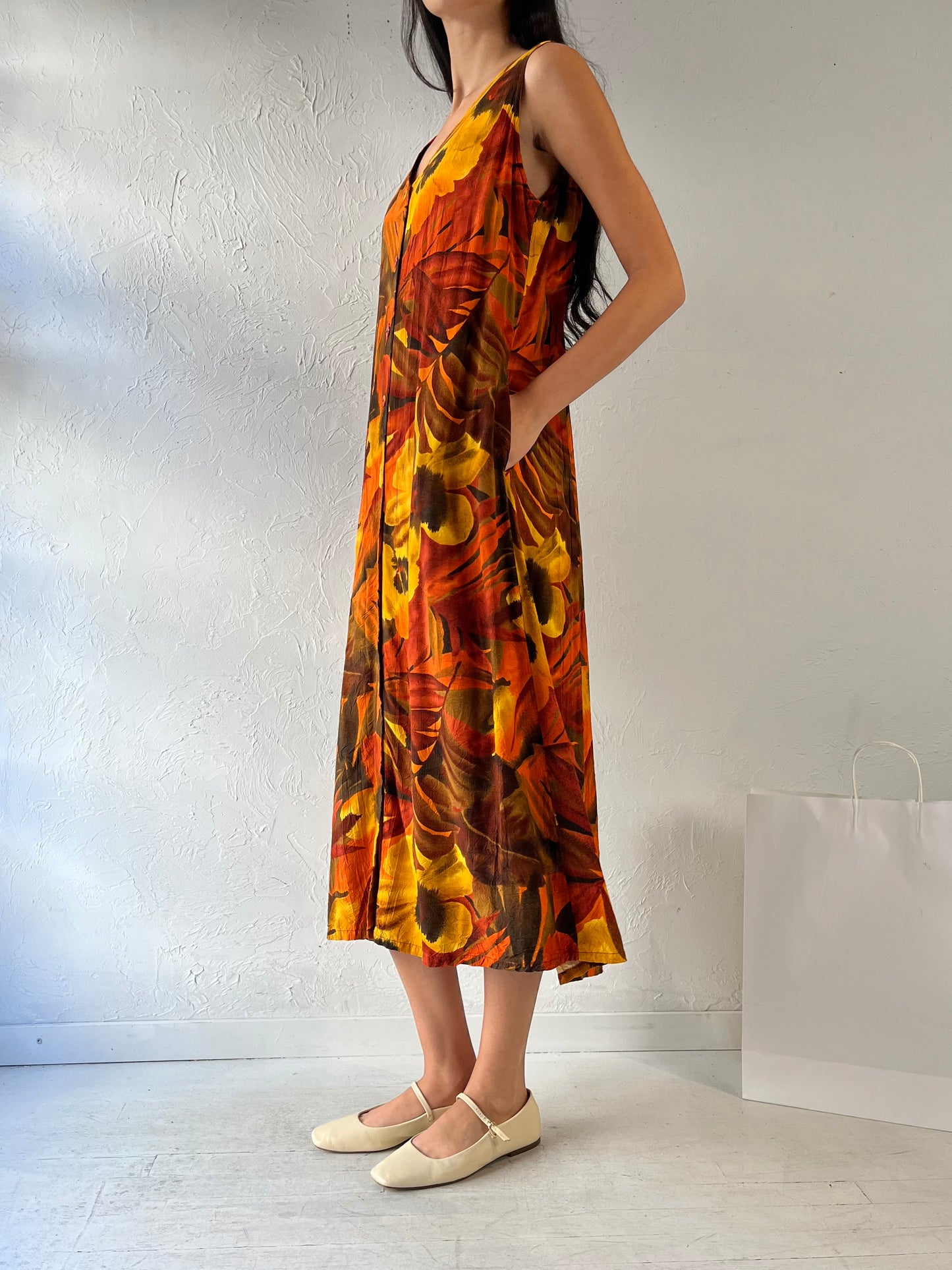 90s ‘Jams World’ Orange Floral Print Rayon Dress / Large