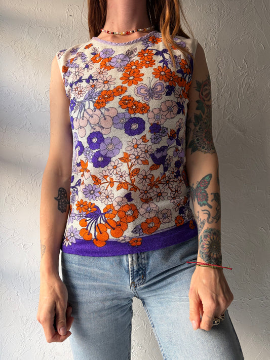 Vintage 1970s Retro Print Knit Sleeveless Top / Medium