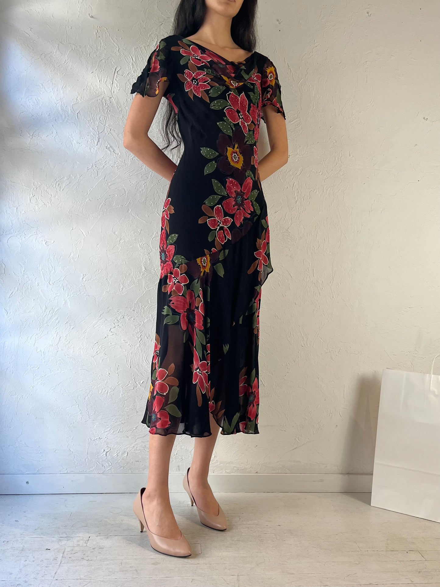 90s ‘Bellessa’ Floral Beaded Dress / Medium