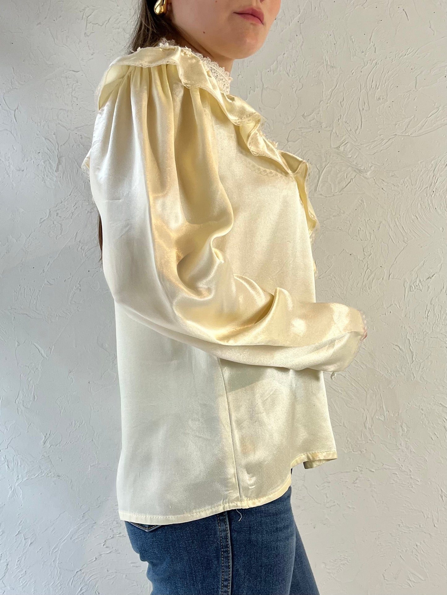 70s ‘Jessica Gunnies’ Cream Silky Peasant Blouse / Small - Medium