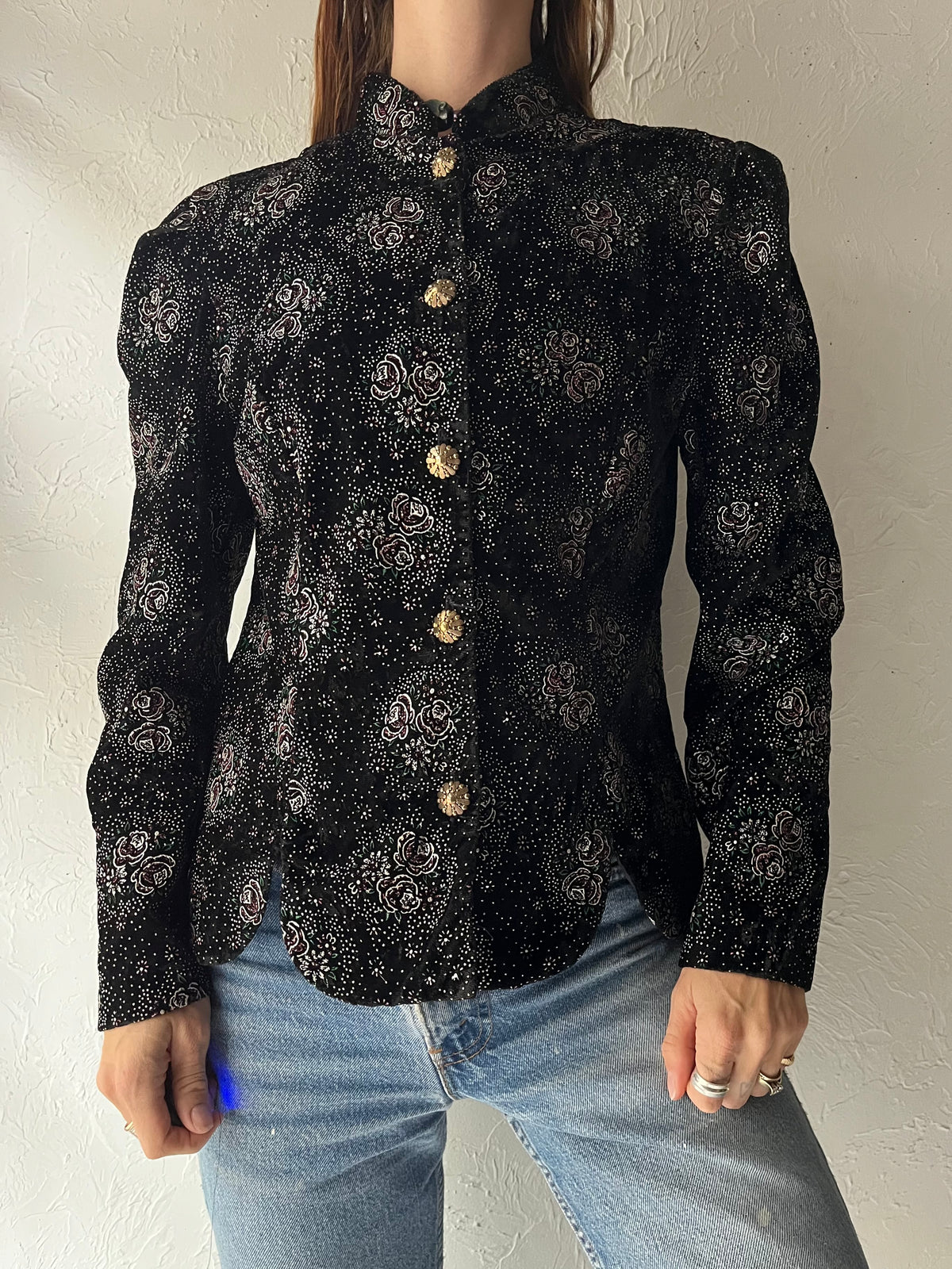 90s ‘Another Thyme’ Black Floral Brocade Mandarin Collar Jacket Vintage Romantic Gothic Statement Blazer / Medium