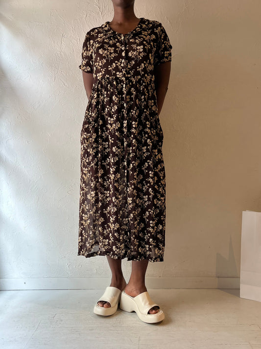 90s 'April Cornell' Brown Floral Print Rayon Midi Dress / Large