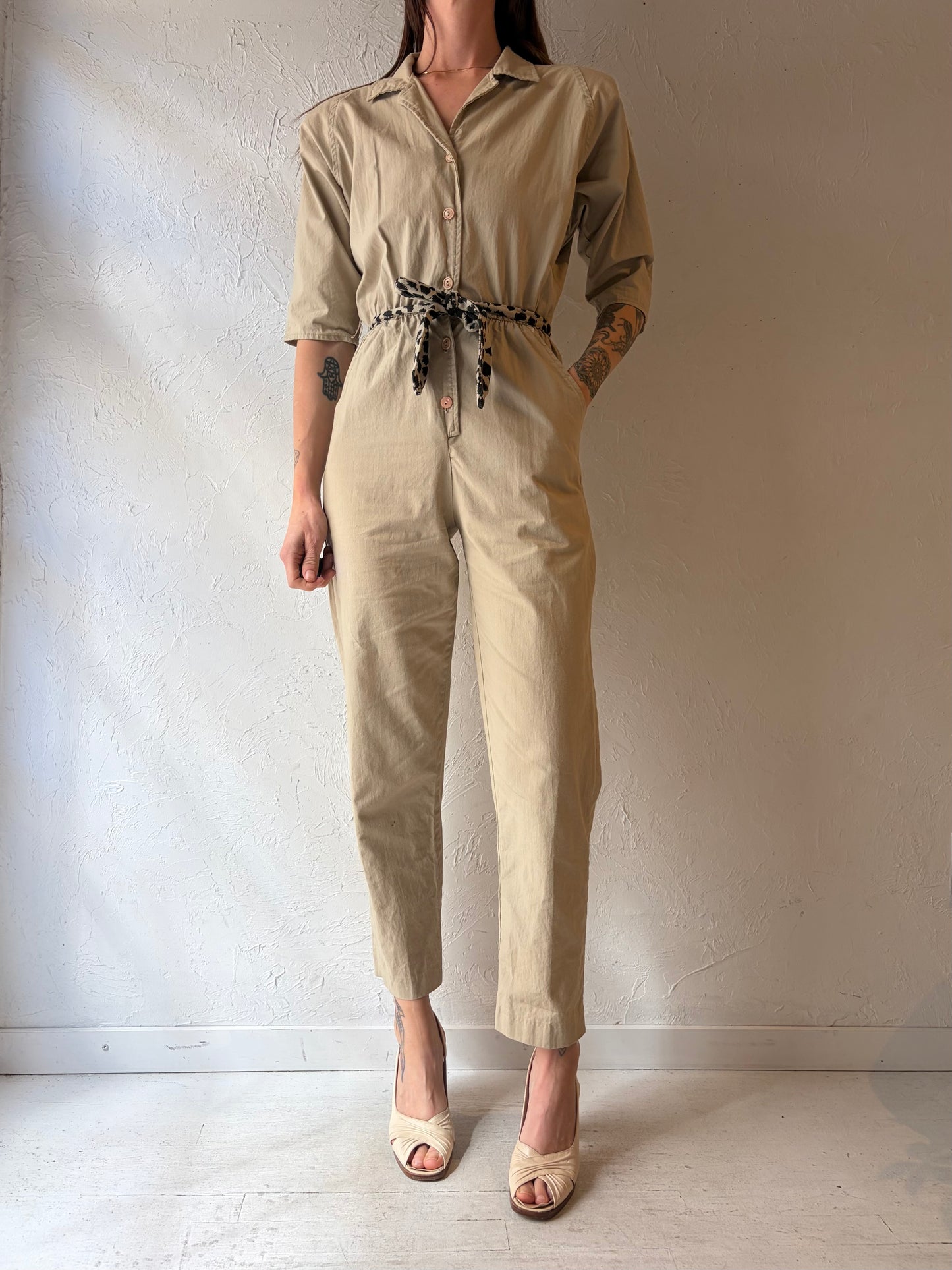 80s 'Honey's Fashion LTD' Beige Cotton Jump Suit / Vintage 1980s Retro One Piece / Small