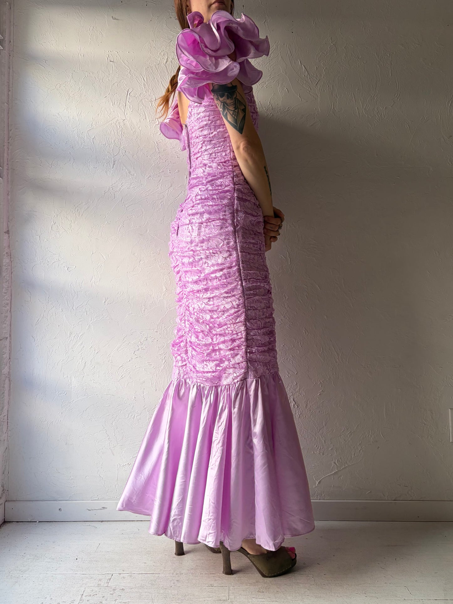 80s Purple Lace Ruffle Sleeve Mermaid Tail Formal Dress / Medium