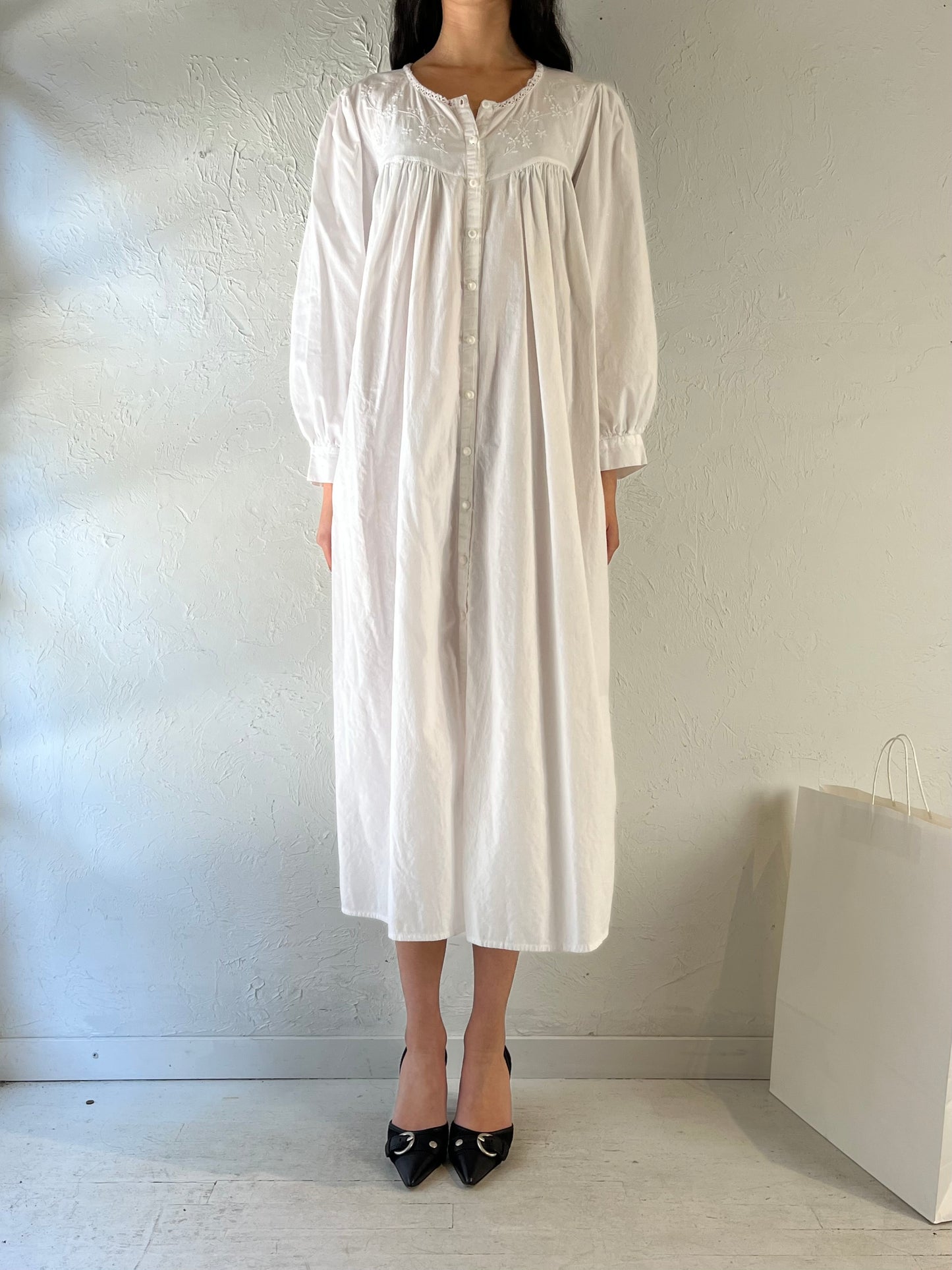 90s ‘Nice N Comfy’ White Cotton Dress / Small