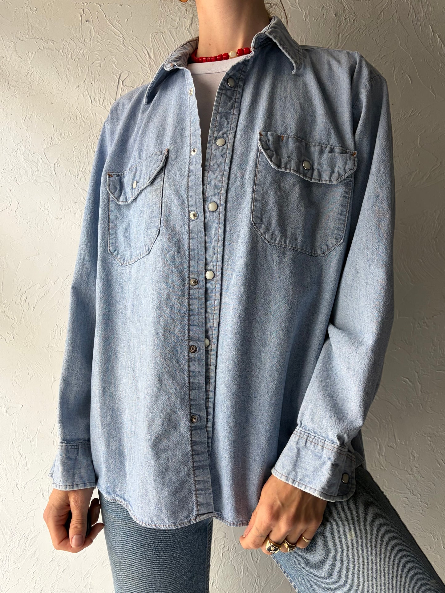 90s 'Big Ben' Denim Western Cowboy Workwear Pearl Snap Shirt / Large