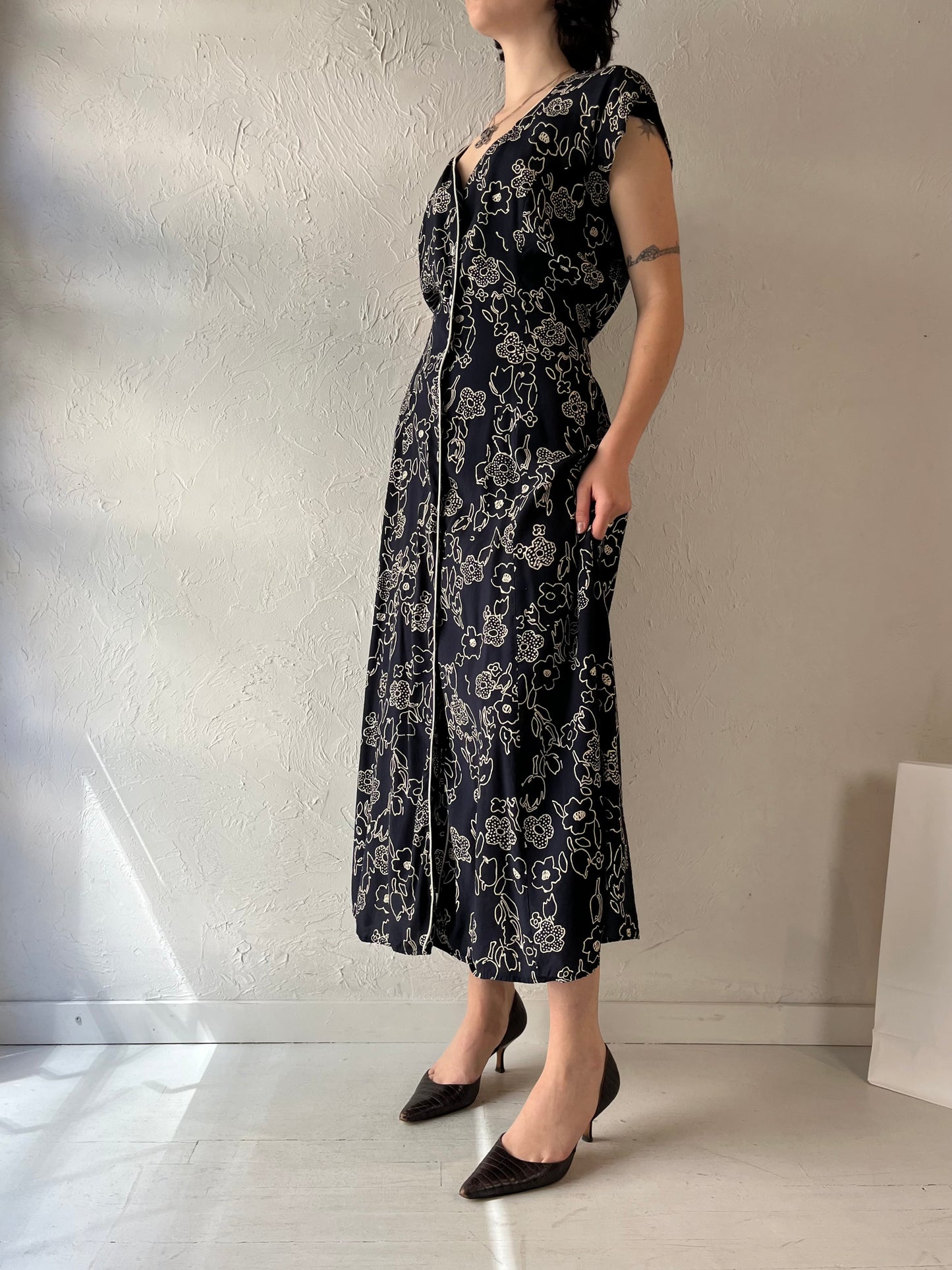 90s 'Nira Nira' Floral Print Rayon Dress / Large