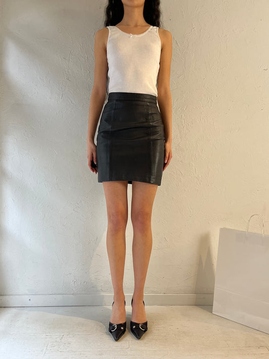 90s ‘Line’ Black Leather Mini Skirt / XSmall