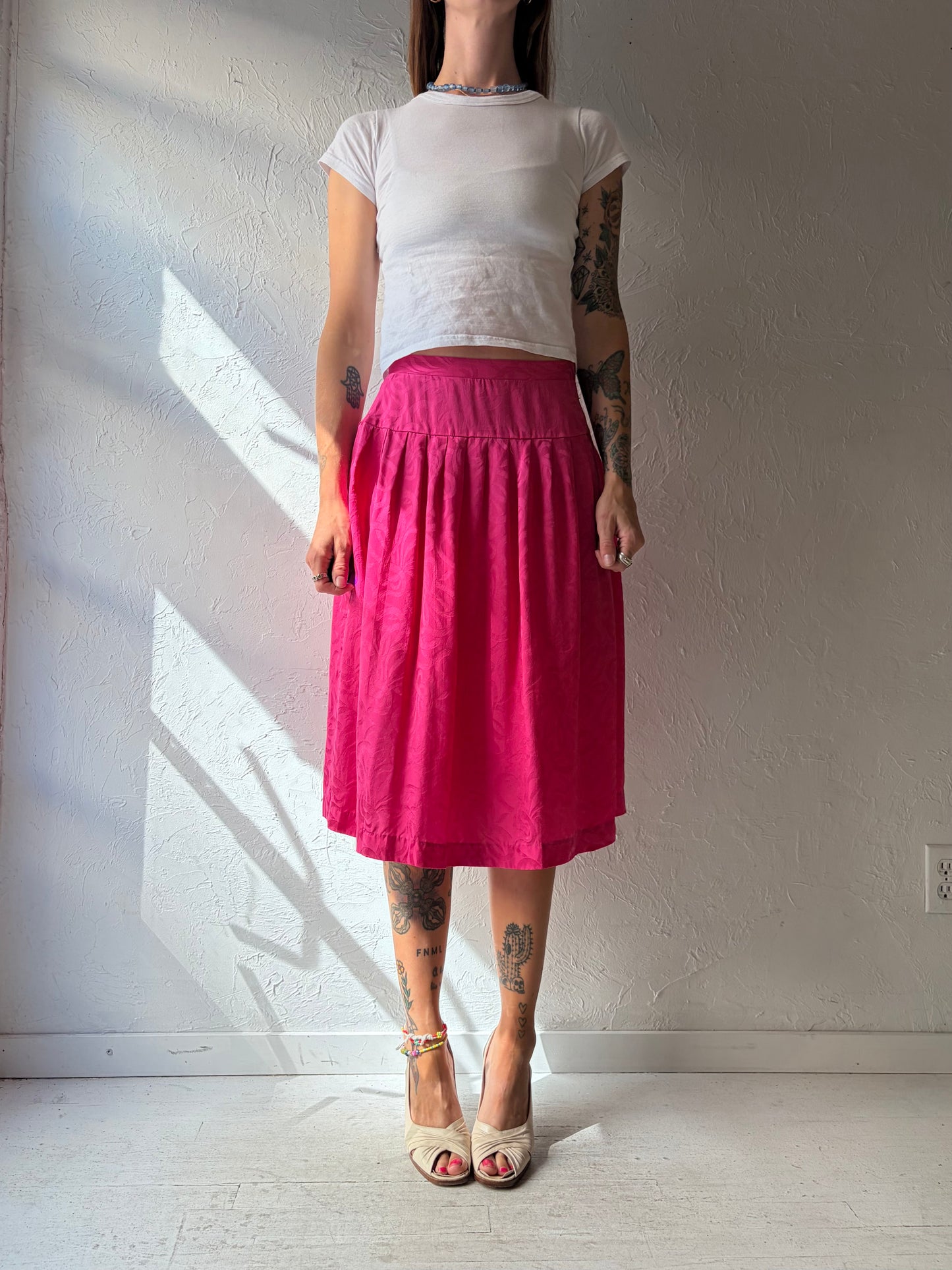 80s 'Argenti' Pink Silk Midi Skirt / Small