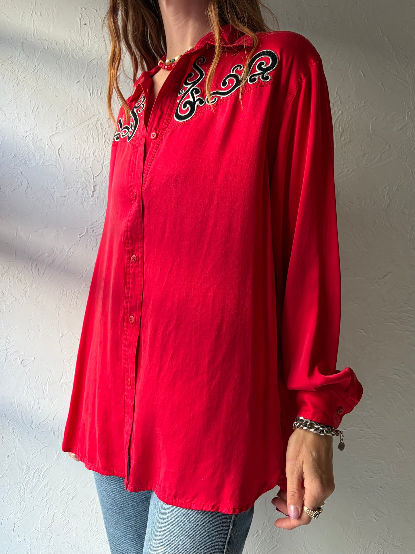 90s 'Wanted' Red Silk Western Shirt / Medium